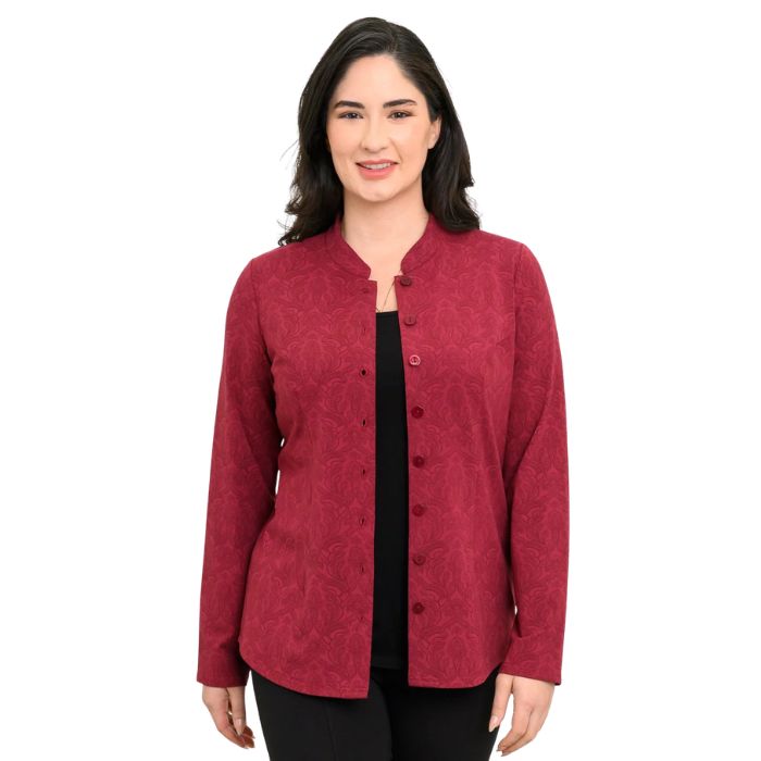 a woman wearing crimson empire print debbie blouse waist up front view set on a studio white background