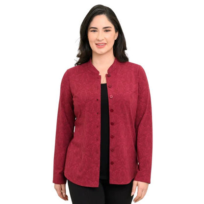 a woman wearing crimson empire print debbie blouse waist up front view set on a studio white background