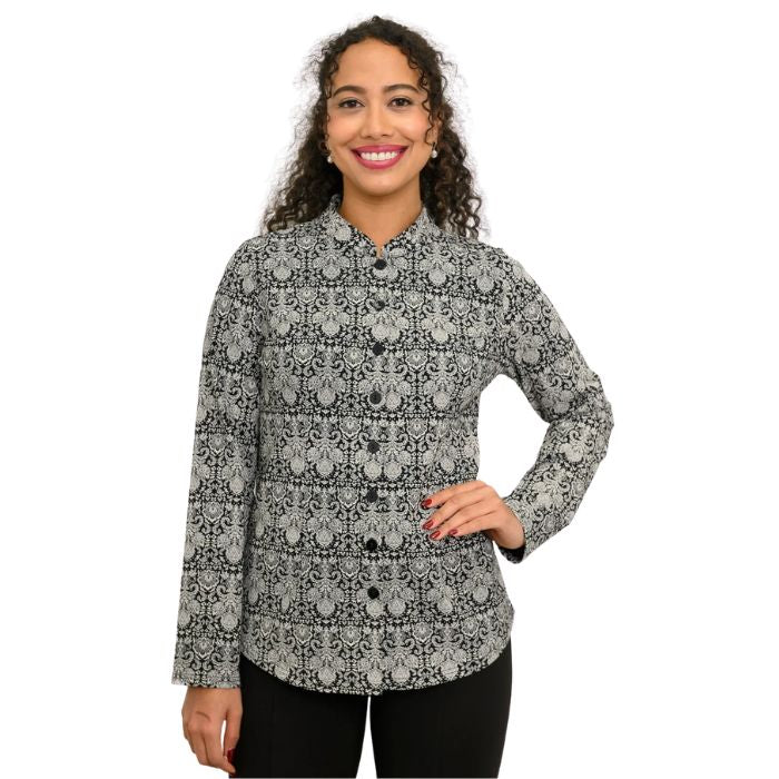 a woman wearing night lace print debbie blouse waist up front view set on a studio white background