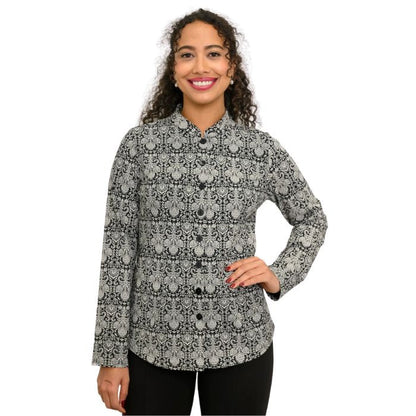 a woman wearing night lace print debbie blouse waist up front view set on a studio white background