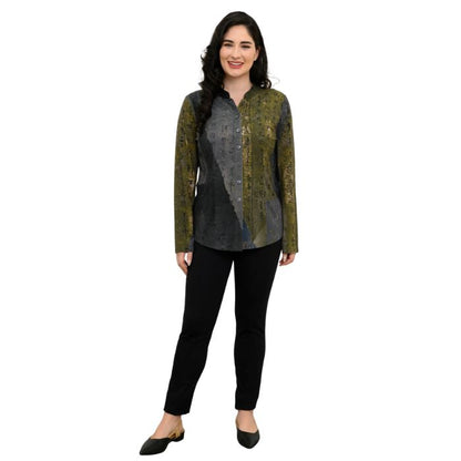 a woman wearing rustic khaki print debbie blouse and black nadia pants front view set on a studio white background
