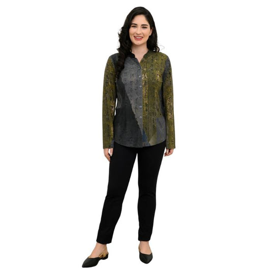 a woman wearing rustic khaki print debbie blouse and black nadia pants front view set on a studio white background