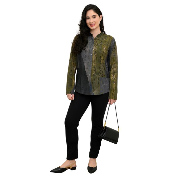 a woman wearing rustic khaki print debbie blouse and black nadia pants front view set on a studio white background
