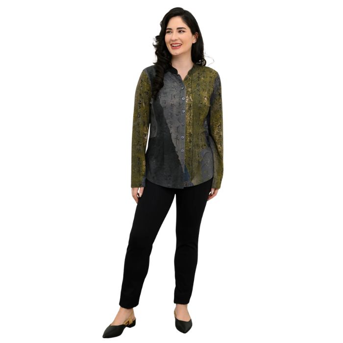 a woman wearing rustic khaki print debbie blouse and black nadia pants front view set on a studio white background