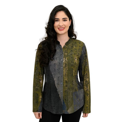 a woman wearing rustic khaki print debbie blouse waist up front view set on a studio white background