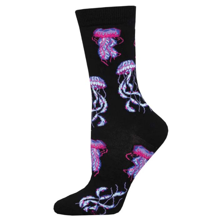 Deep sea jellies sock black sock with jellyfish print on white background