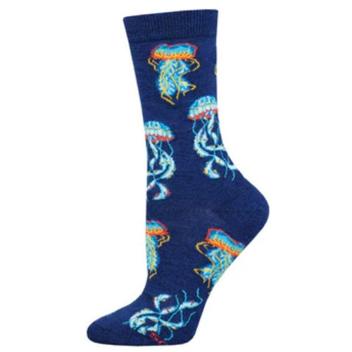 Deep sea jellies sock blue sock with jellyfish print on white background