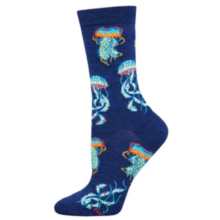 Deep sea jellies sock blue sock with jellyfish print on white background