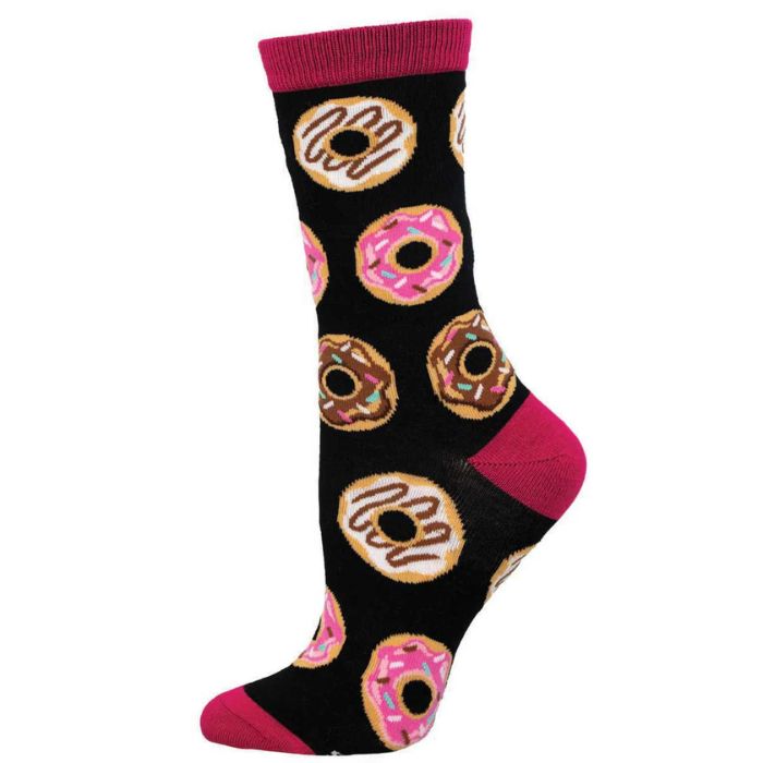 deliscious donuts sock, black crew sock with colourful donut print on white background