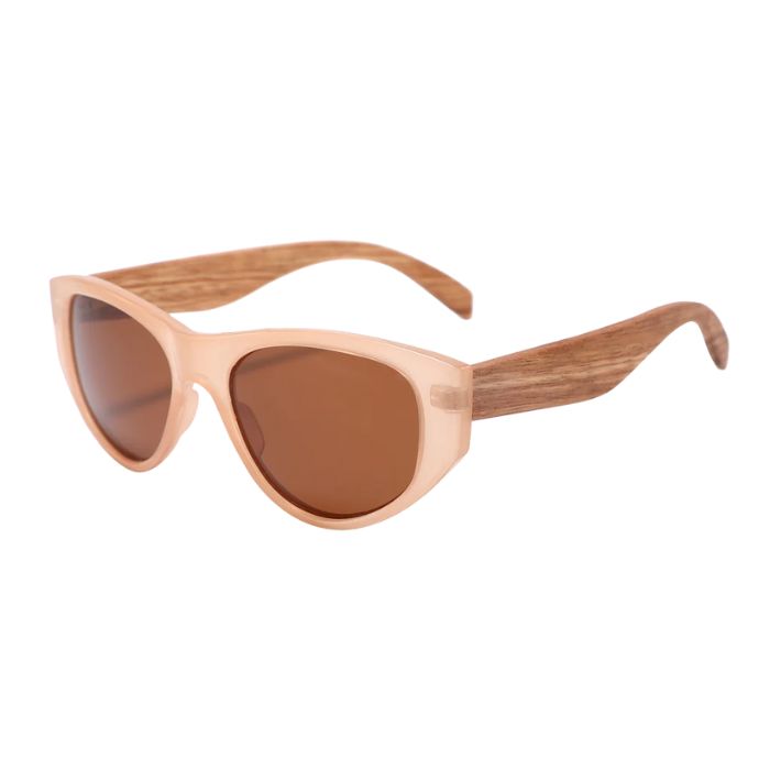 denmark sunglasses tan brown frames and brown lenses over view on white background