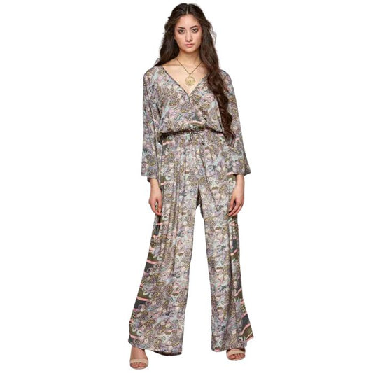female model wearing divine jumpsuit mixed prints front view on white background