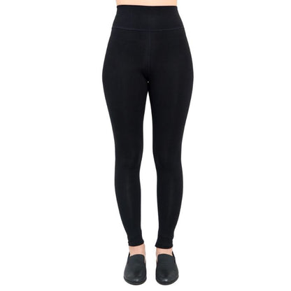 bottom of female model wearing dixie black fleece leggings front view on white background