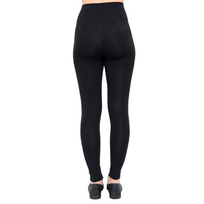 bottom of female model wearing dixie black fleece leggings back view on white background