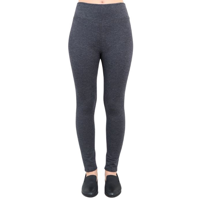 bottom of female model wearing dixie granite grey fleece leggings front view on white background
