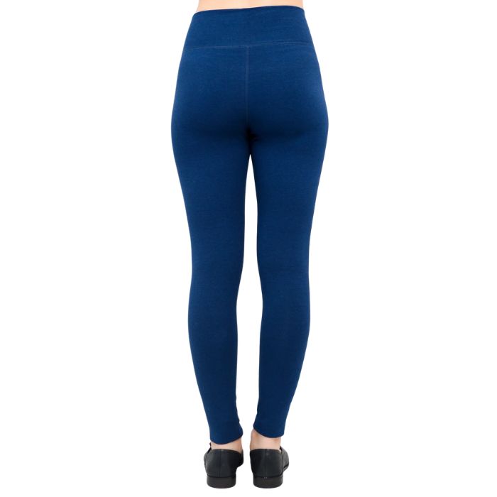 bottom of female model wearing dixie Indigo blue fleece leggings back view on white background