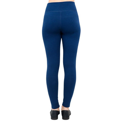 bottom of female model wearing dixie Indigo blue fleece leggings back view on white background