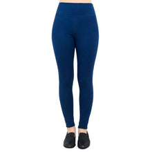 bottom of female model wearing dixie Indigo blue fleece leggings front view on white background