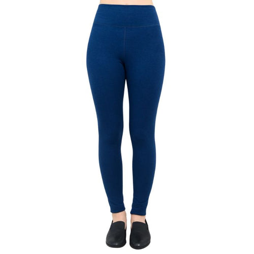bottom of female model wearing dixie Indigo blue fleece leggings front view on white background