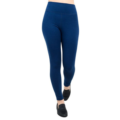 bottom of female model wearing dixie Indigo blue fleece leggings front view on white background