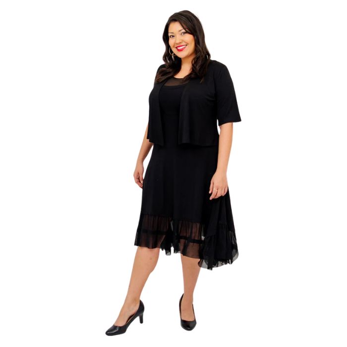 female model wearing black doda jacket and black danube dress front view on white background