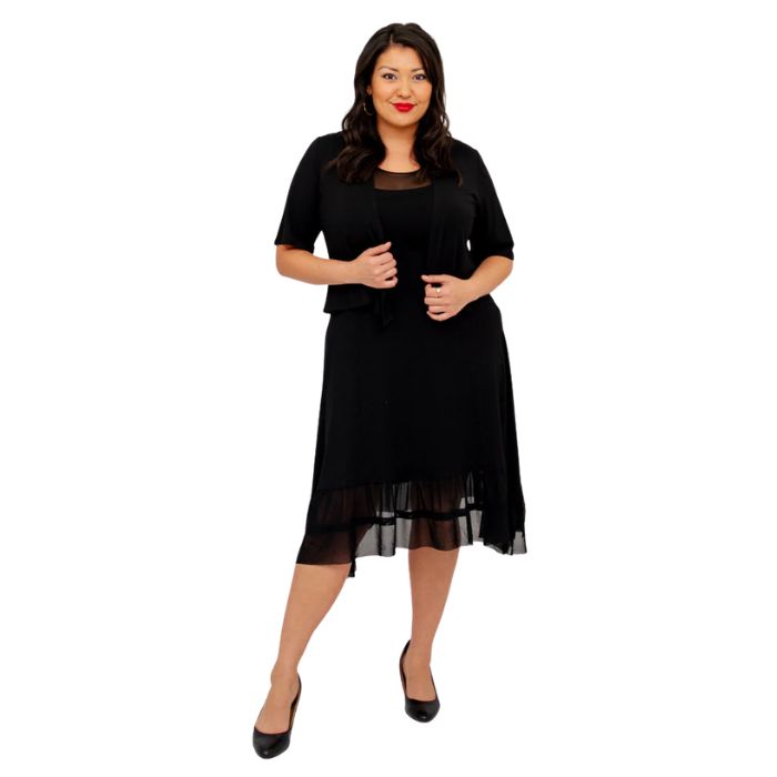 female model wearing black doda jacket and black danube dress front view on white background