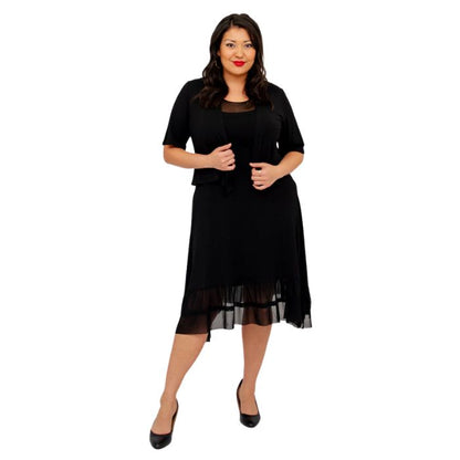female model wearing black doda jacket and black danube dress front view on white background