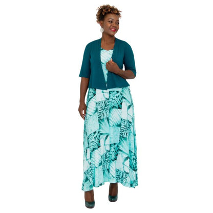 female model wearing teal green doda jacket and print maxi dress front view on white background