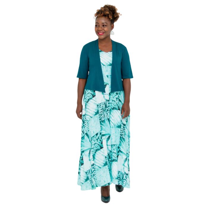 female model wearing teal green doda jacket and print maxi dress front view on white background