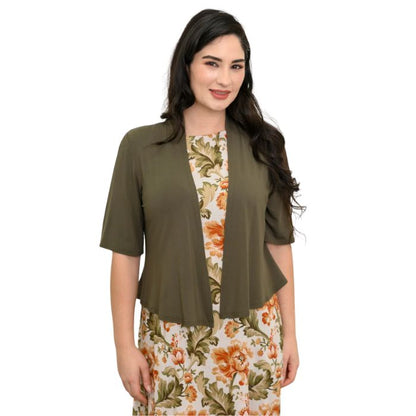 female model wearing khaki green doda jacket front view on white background