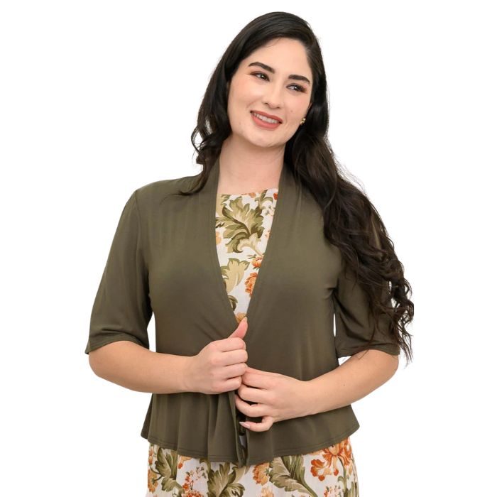 female model wearing khaki green doda jacket front view on white background
