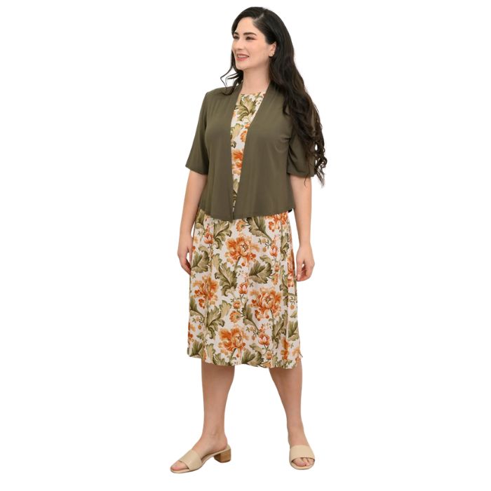 female model wearing khaki green doda jacket and khaki tapestry patricia dress front view on white background