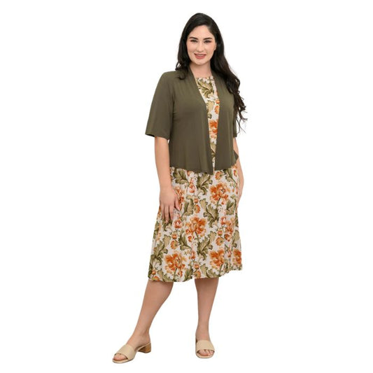 female model wearing khaki green doda jacket and khaki tapestry patricia dress front view on white background