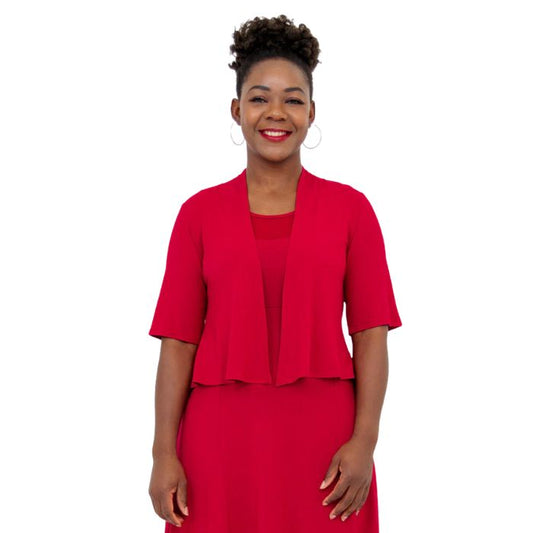 female model wearing lipstick red doda jacket front view on white background