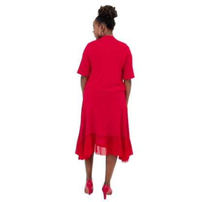 female model wearing lipstick red doda jacket and lipstick red danube dress back view on white background