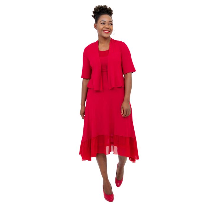 female model wearing lipstick red doda jacket and lipstick red danube dress front view on white background