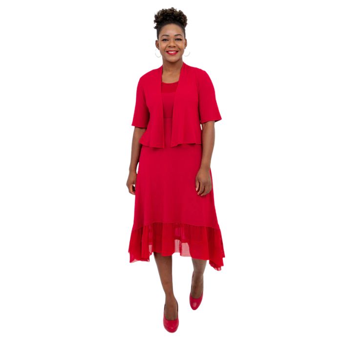 female model wearing lipstick red doda jacket and lipstick red danube dress front view on white background