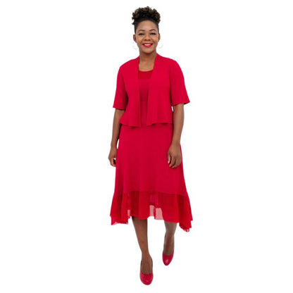female model wearing lipstick red doda jacket and lipstick red danube dress front view on white background