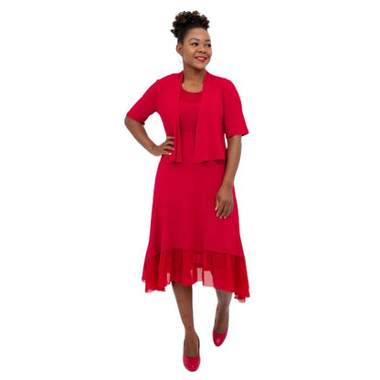 female model wearing lipstick red doda jacket and lipstick red danube dress front view on white background