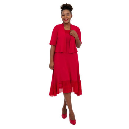 female model wearing lipstick red doda jacket and lipstick red danube dress front view on white background