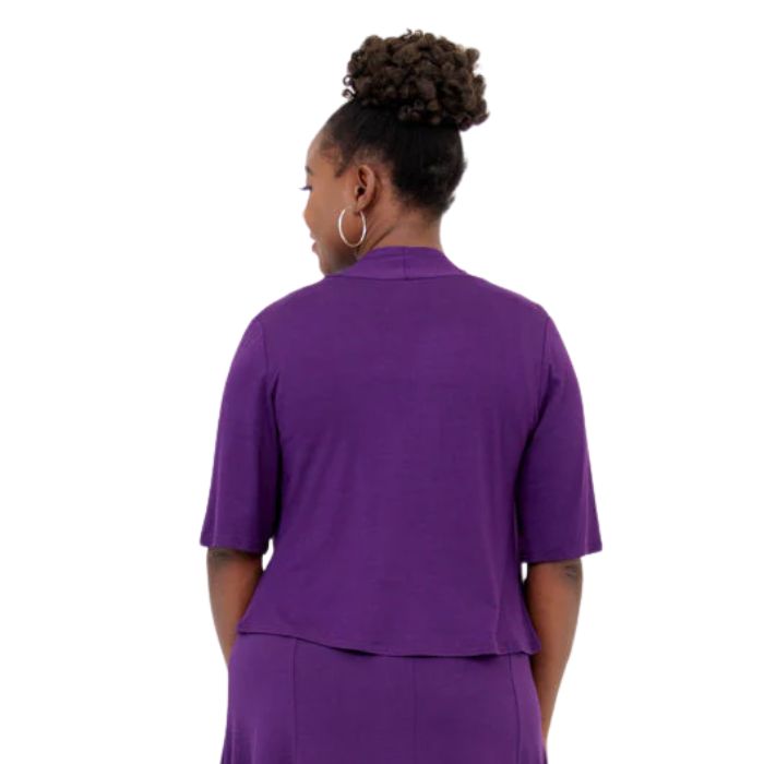 female model wearing royale purple doda back view on white background
