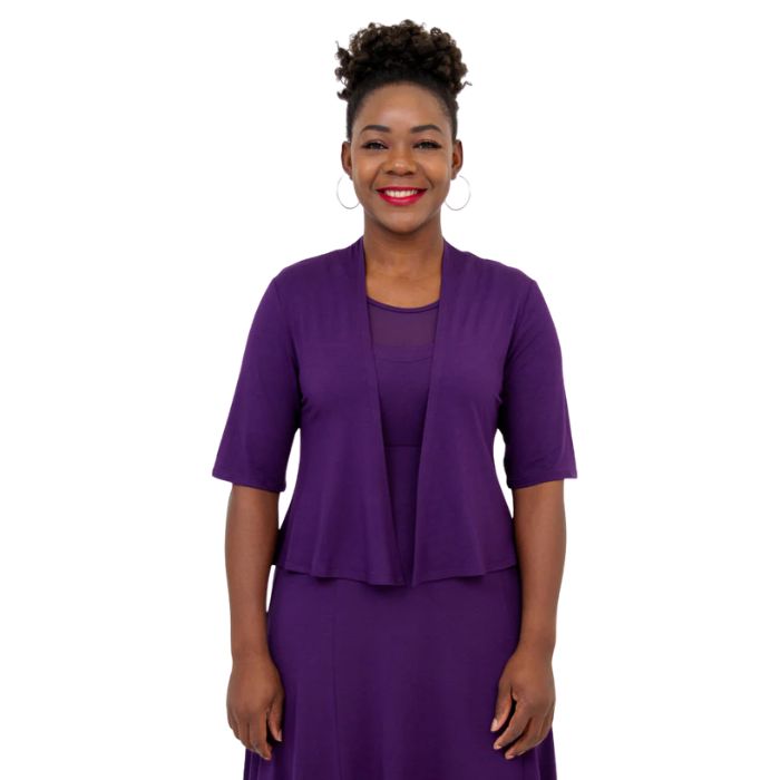 female model wearing royale purple doda jacket front view on white background
