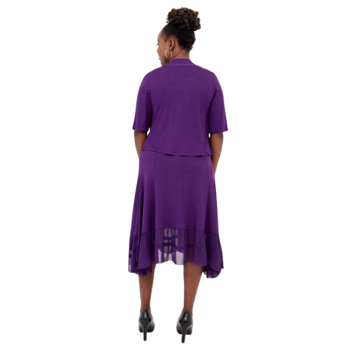 female model wearing royale purple doda jacket and royale purple danube dress back view on white background