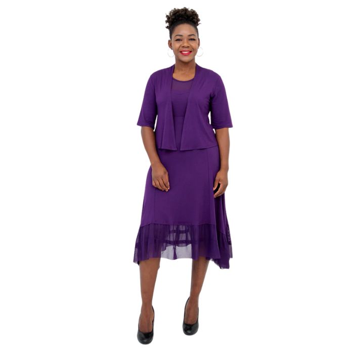 female model wearing royale purple doda jacket and royale purple danube dress front view on white background