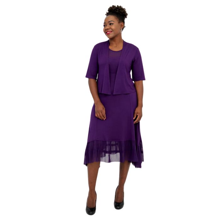 female model wearing royale purple doda jacket and royale purple danube dress front view on white background