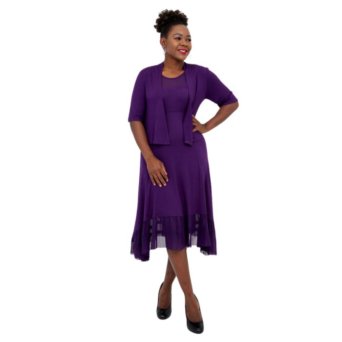 female model wearing royale purple doda jacket and royale purple danube dress front view on white background