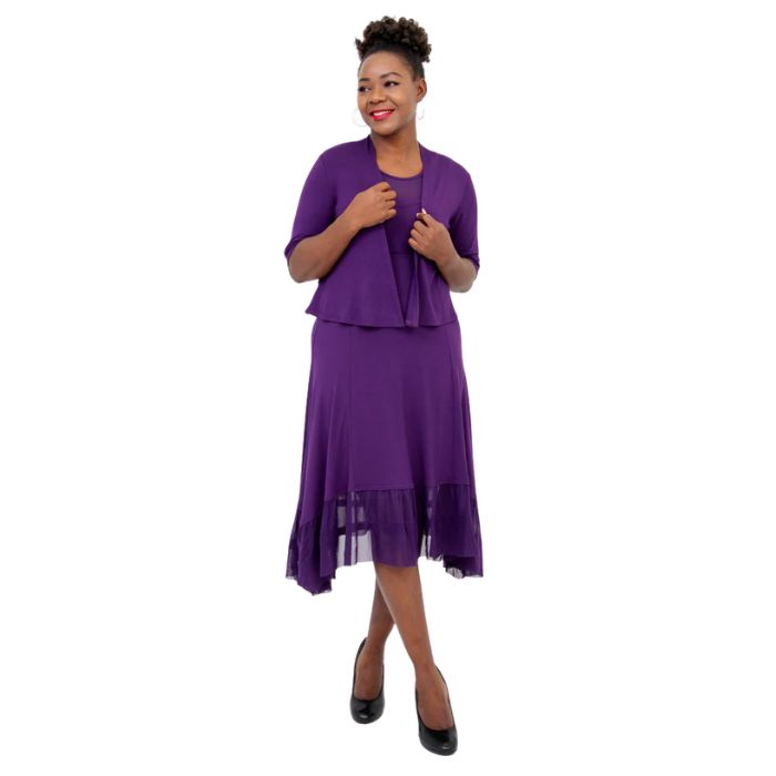 female model wearing royale purple doda jacket and royale purple danube dress front view on white background