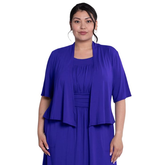 female model wearing violet purple doda jacket front view on white background