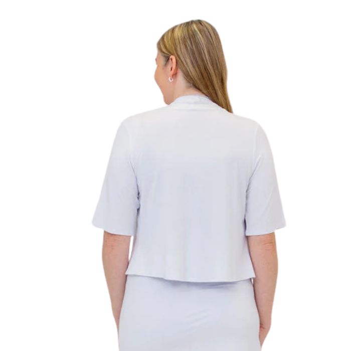 female model wearing white doda jacket back view on white background