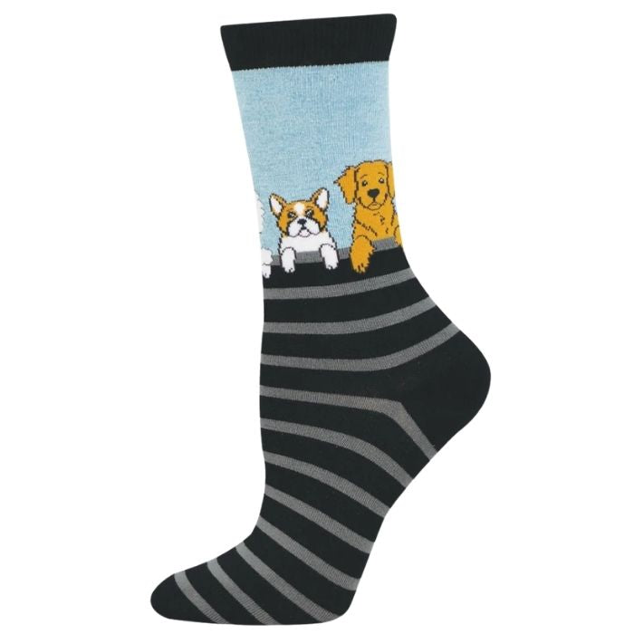 dog gone stripes sock, black and grey striped crew sock with different breeds of dogs print around the top front view on white background