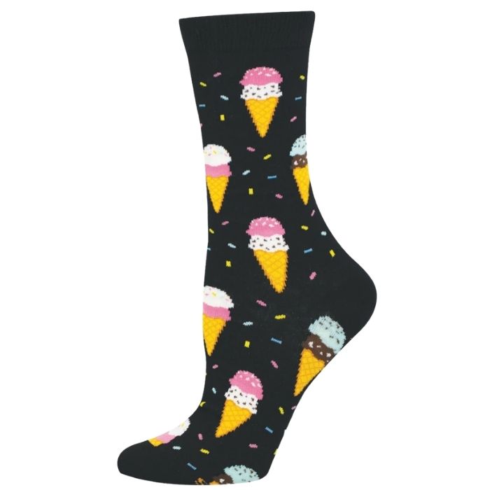 black crew sock with colourful double scoop ice cream cones print on white background 